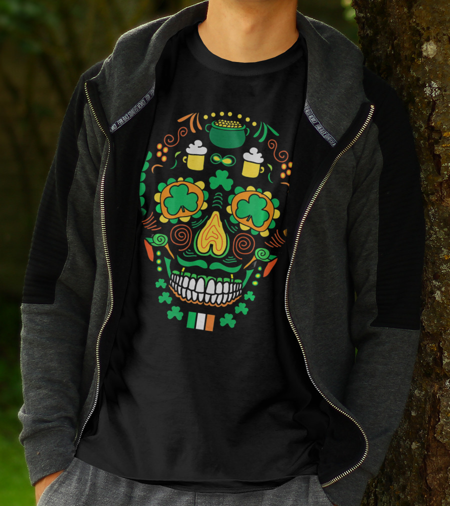 Shamrock Sugar Skull Irish Cinco De Mayo T-Shirt