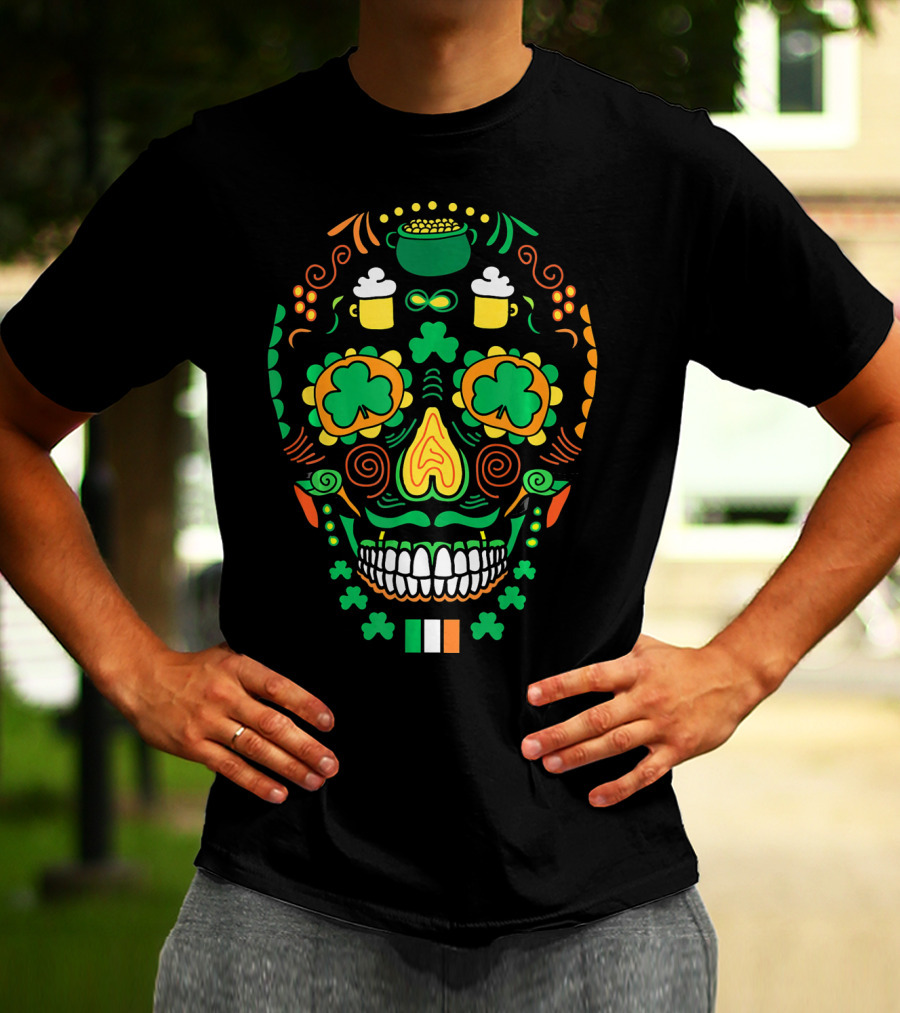 Shamrock Sugar Skull Irish Cinco De Mayo T-Shirt