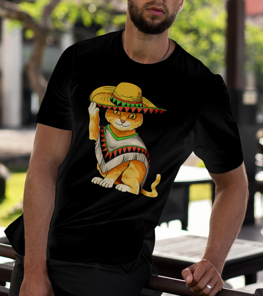 Mexican Cat Cinco De Mayo Cat Poncho Sombrero Fiesta T-Shirt