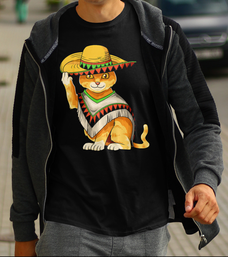 Mexican Cat Cinco De Mayo Cat Poncho Sombrero Fiesta T-Shirt