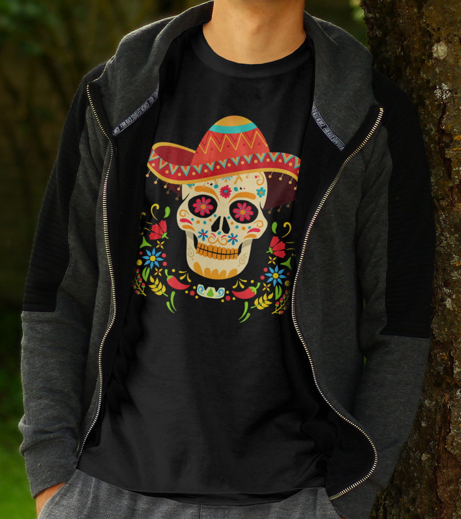 Day Of The Dead Skull Cinco De Mayo Sombrero Floral Fiesta T-Shirt