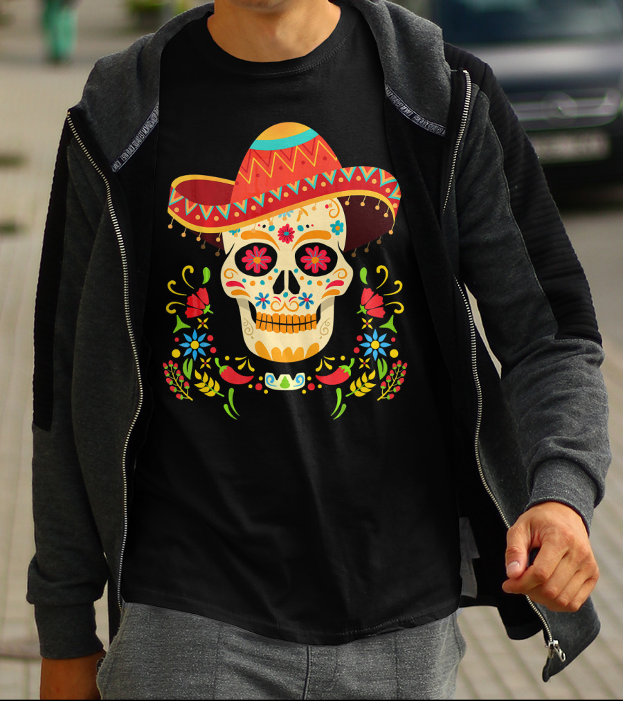 Day Of The Dead Skull Cinco De Mayo Sombrero Floral Fiesta T-Shirt