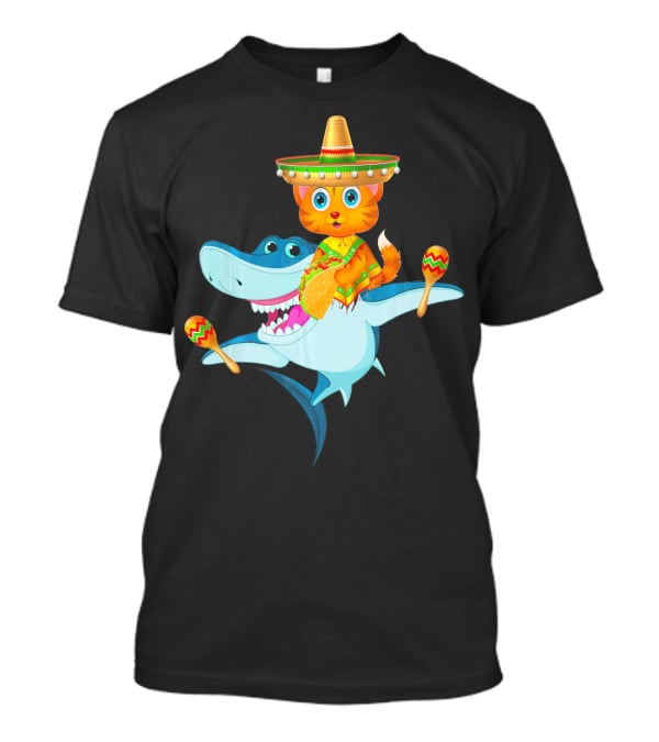 Funny Cinco De Mayo Cat Riding A Shark Sombrero Maracas Fiesta T-Shirt