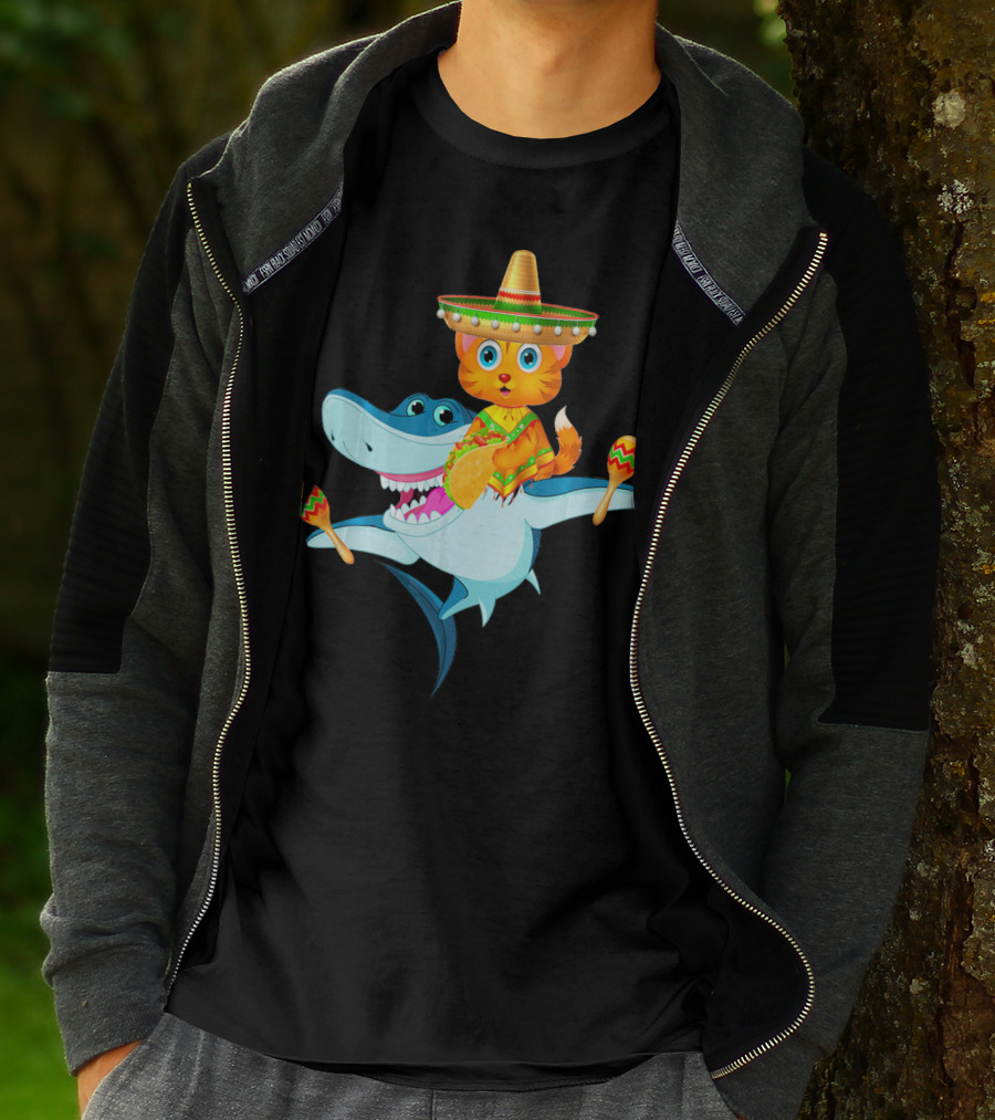 Funny Cinco De Mayo Cat Riding A Shark Sombrero Maracas Fiesta T-Shirt