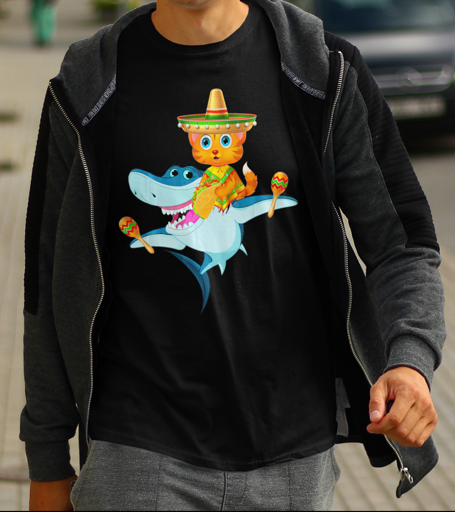 Funny Cinco De Mayo Cat Riding A Shark Sombrero Maracas Fiesta T-Shirt