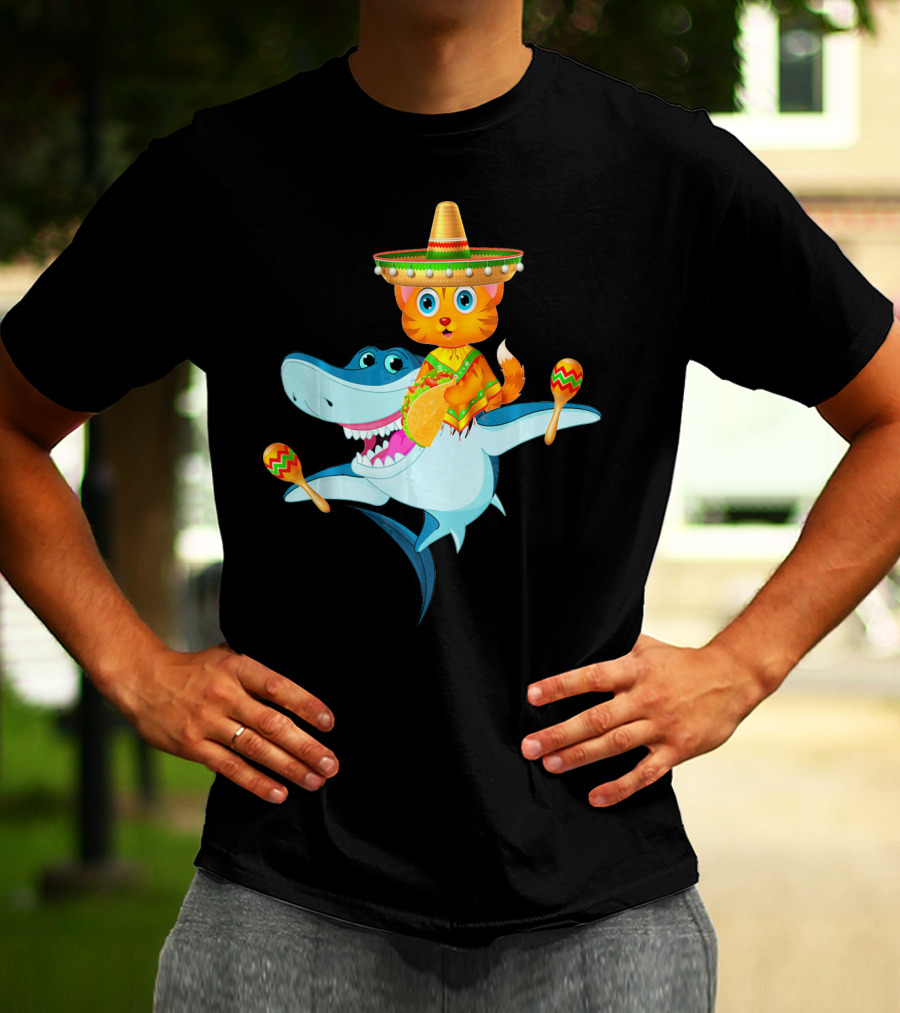 Funny Cinco De Mayo Cat Riding A Shark Sombrero Maracas Fiesta T-Shirt