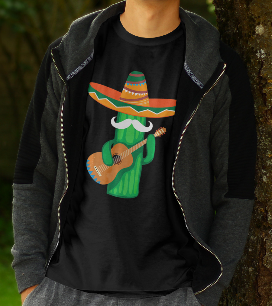 Mustache Cactus Sombrero Playing Guitar T-Shirt