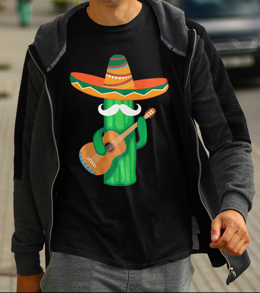 Mustache Cactus Sombrero Playing Guitar T-Shirt