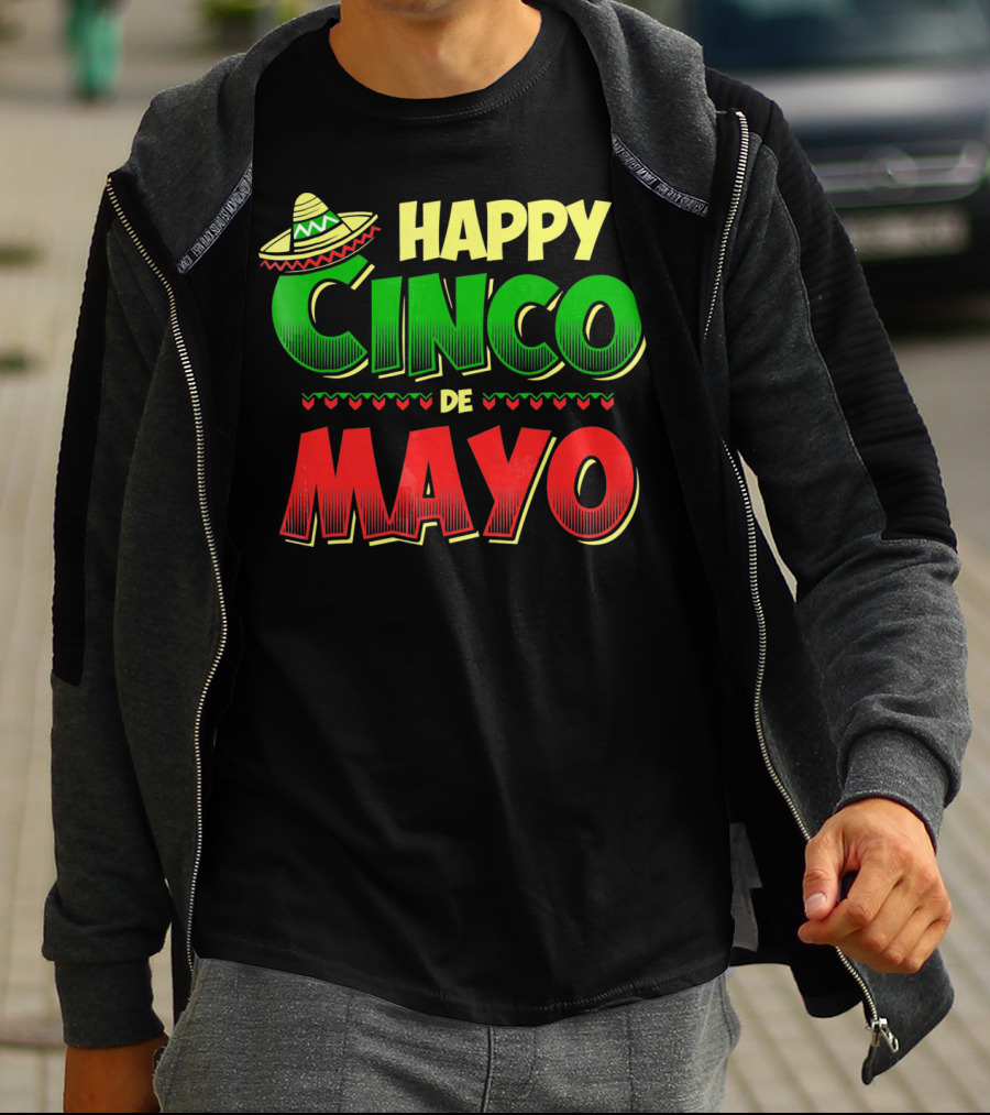 Happy Cinco De Mayo Sombrero And Festive Hearts T-Shirt