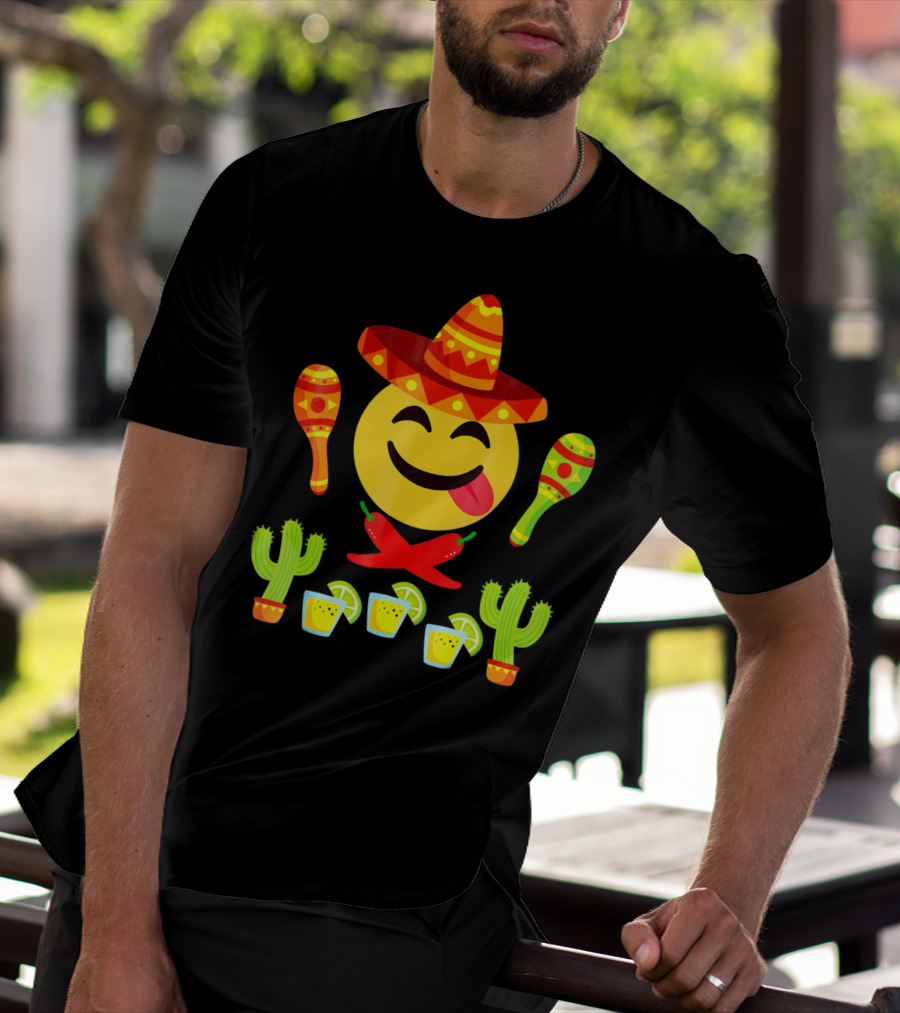 Cinco De Mayo Emoji Tongue Sombrero Cactus Maracas Peppers Lime Shots T-Shirt