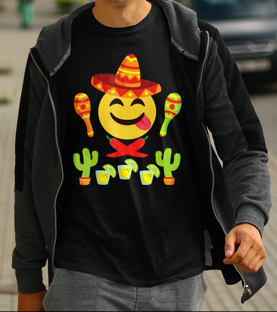 Cinco De Mayo Emoji Tongue Sombrero Cactus Maracas Peppers Lime Shots T-Shirt