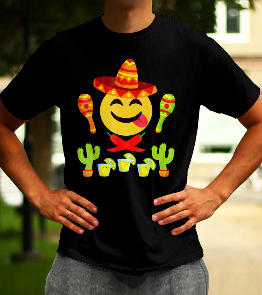 Cinco De Mayo Emoji Tongue Sombrero Cactus Maracas Peppers Lime Shots T-Shirt