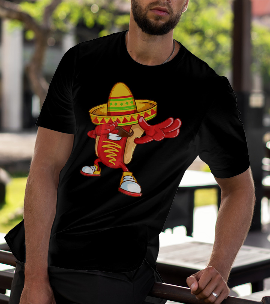 Funny Dabbing Hotdog Sombrero Mexican Cinco De Mayo T-Shirt