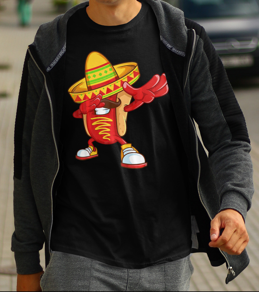 Funny Dabbing Hotdog Sombrero Mexican Cinco De Mayo T-Shirt