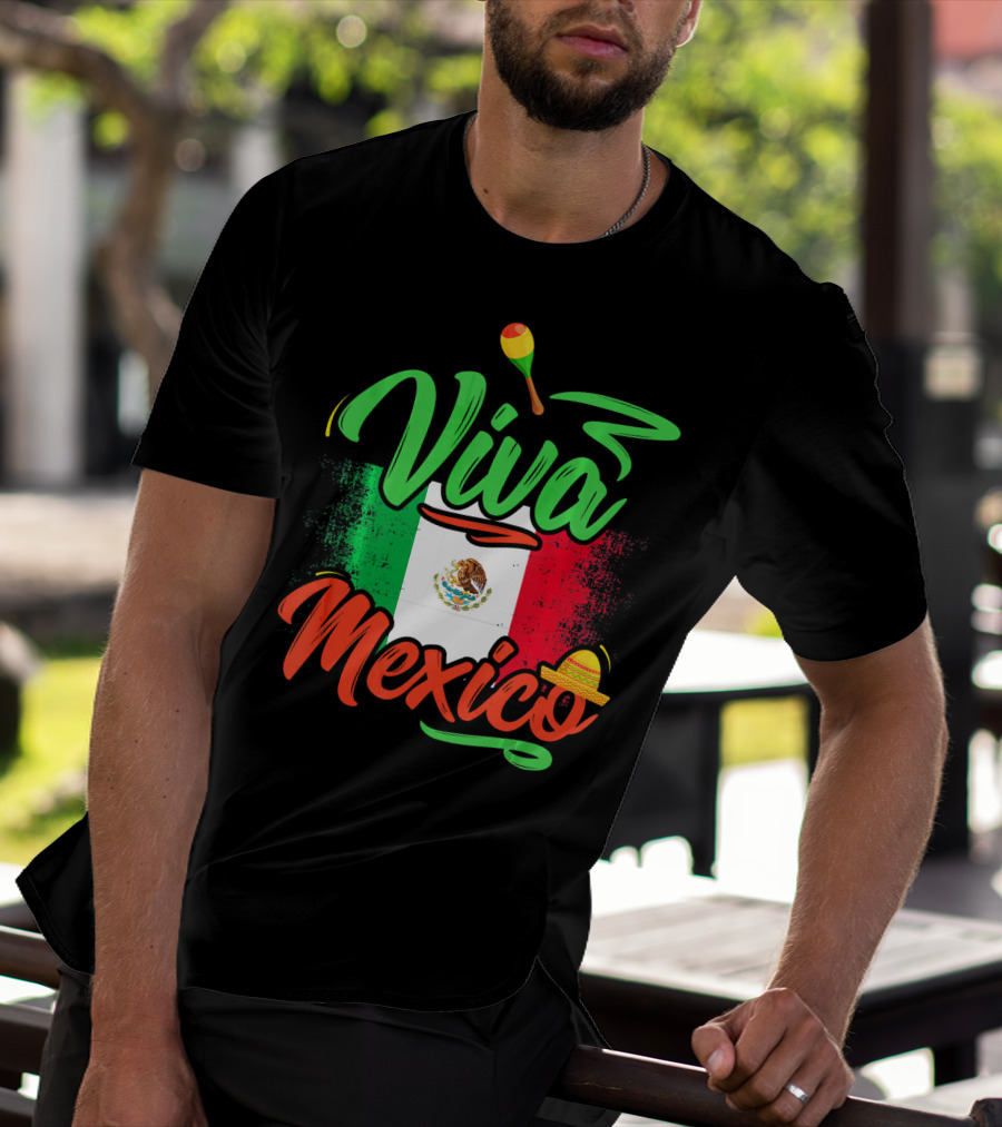 Viva Mexico Mexican Flag With Sombrero And Maraca Cinco De Mayo T-Shirt