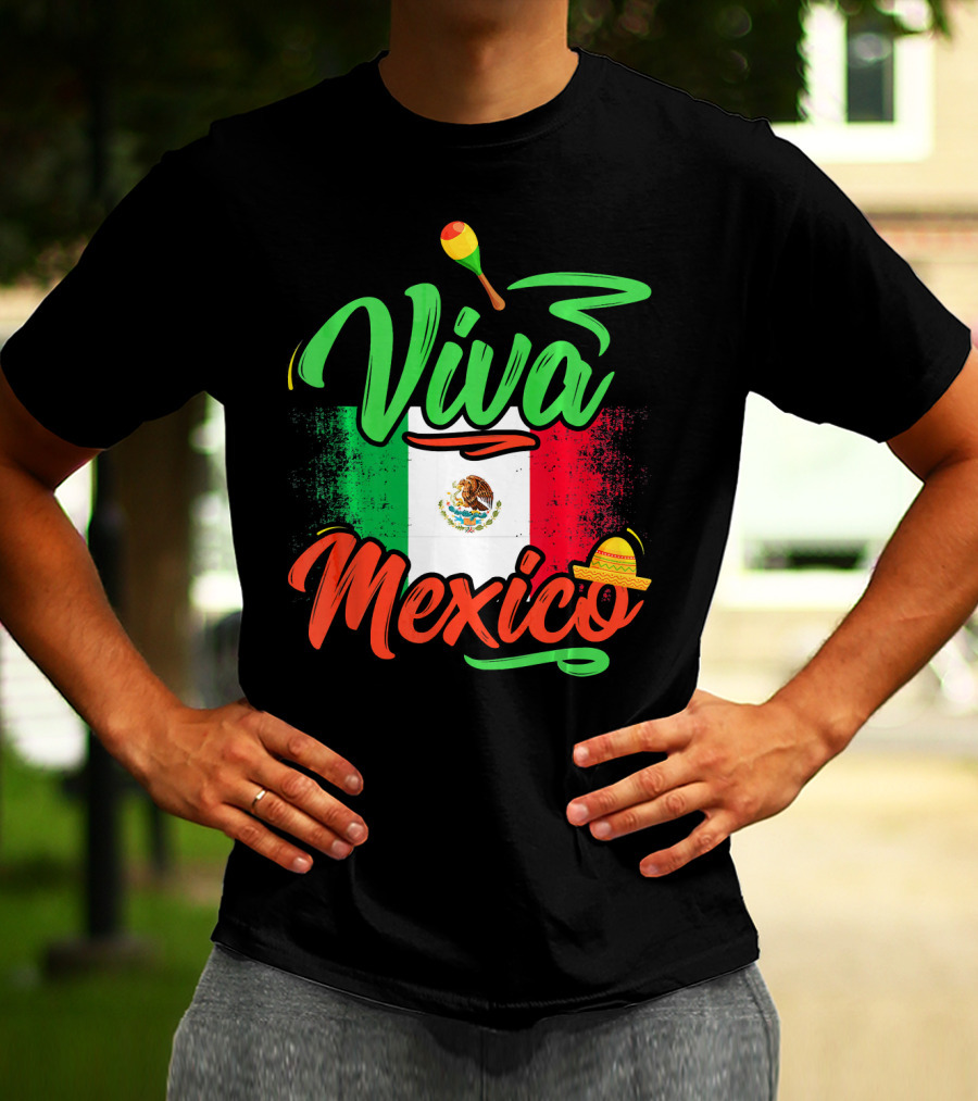 Viva Mexico Mexican Flag With Sombrero And Maraca Cinco De Mayo T-Shirt