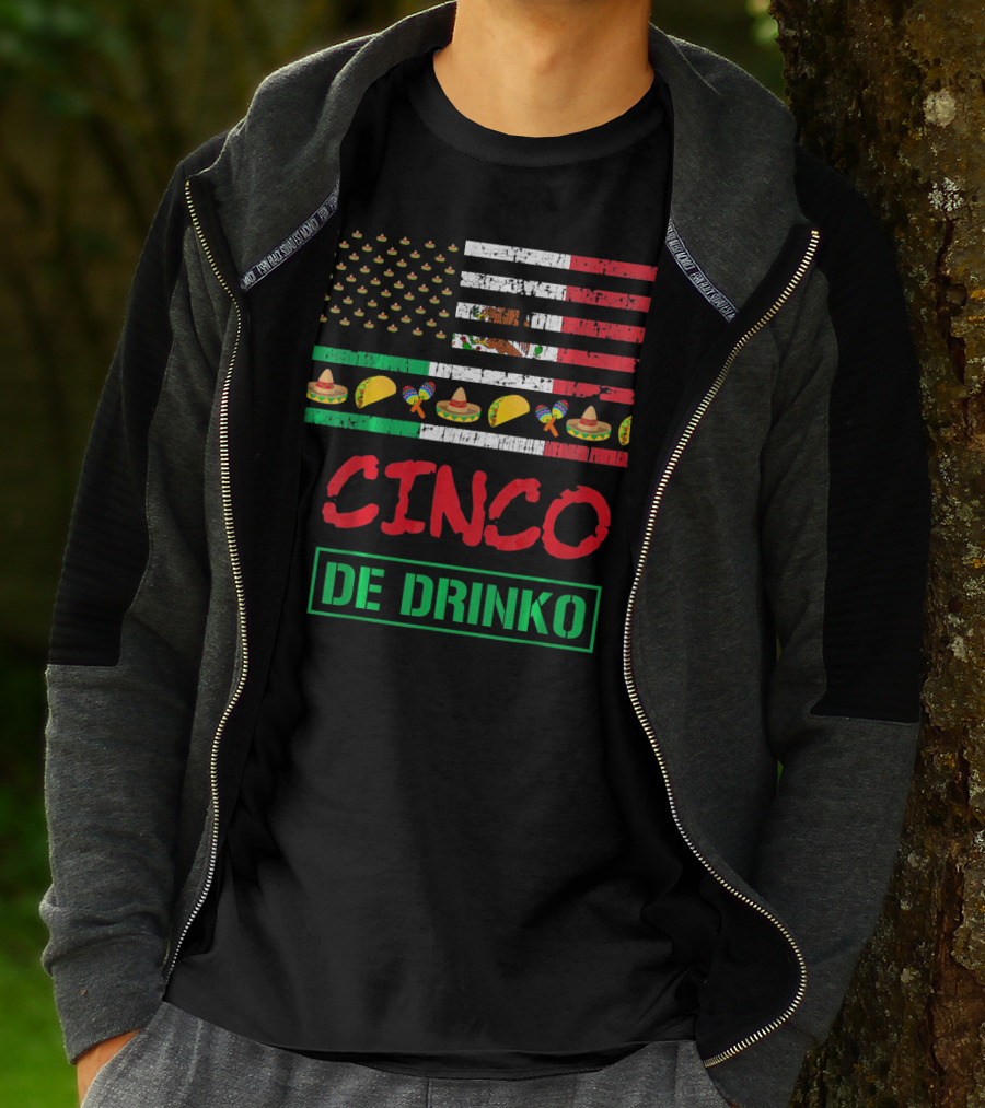Cinco De Drinko Funny Mexico Flag Sombrero Taco Maracas Icons T-Shirt