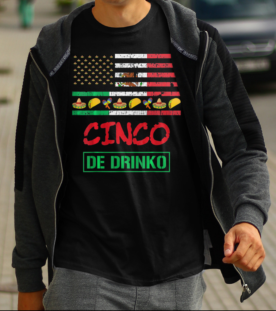 Cinco De Drinko Funny Mexico Flag Sombrero Taco Maracas Icons T-Shirt