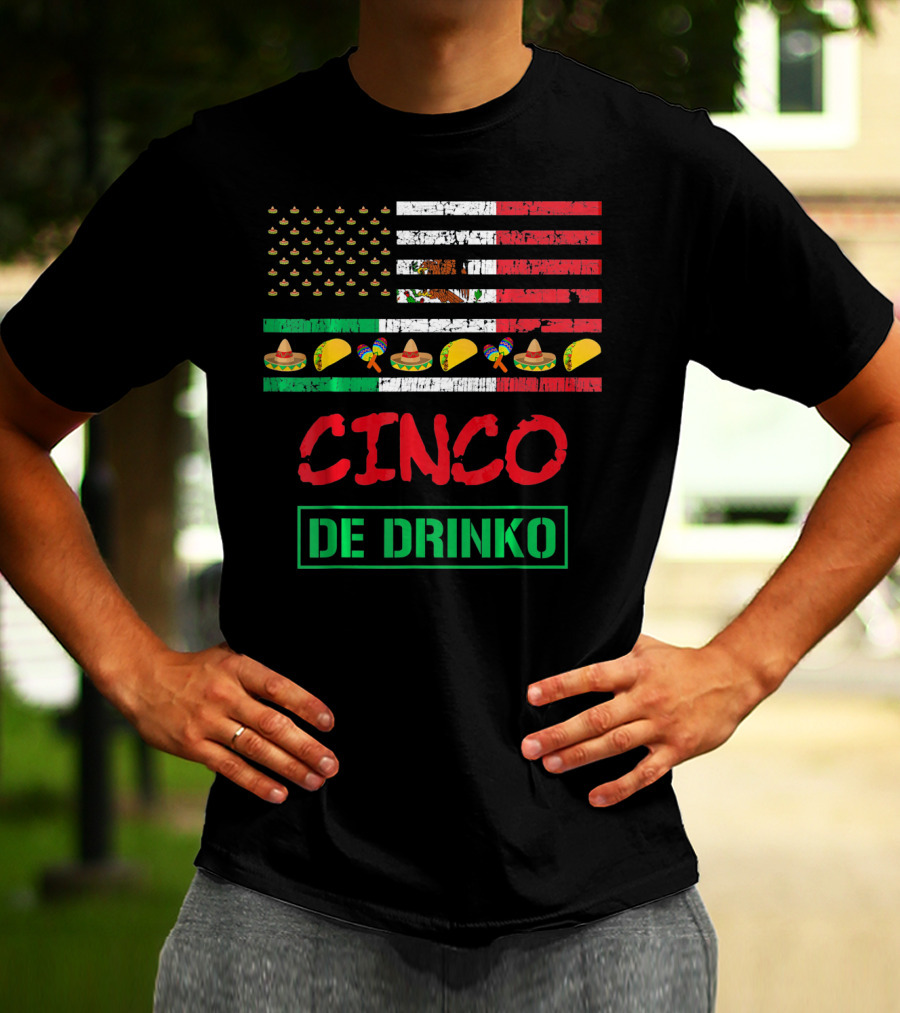 Cinco De Drinko Funny Mexico Flag Sombrero Taco Maracas Icons T-Shirt
