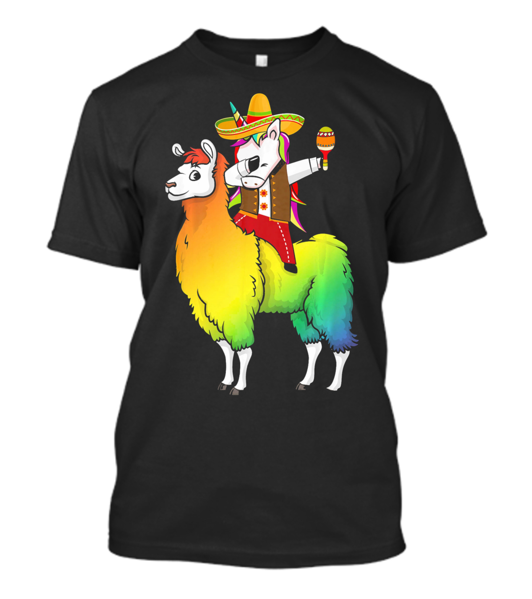 Unicorn Dabbing Riding Llama With Sombrero And Maracas Funny Cinco T-Shirt