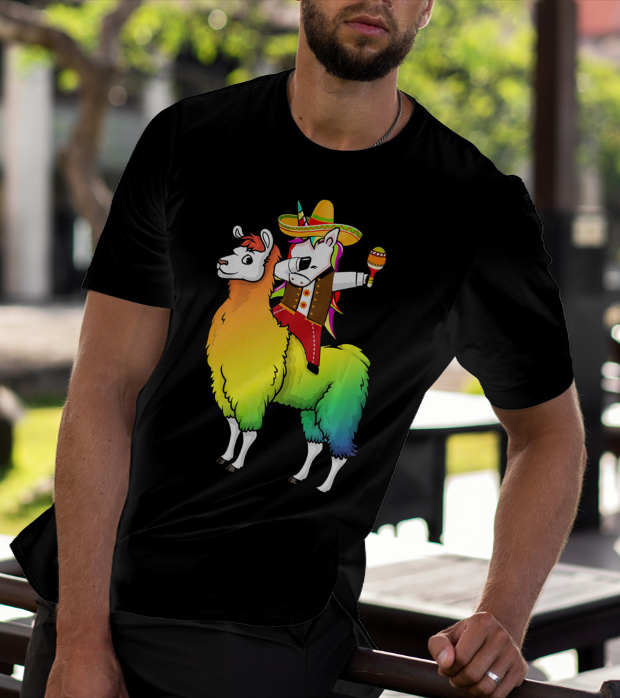 Unicorn Dabbing Riding Llama With Sombrero And Maracas Funny Cinco T-Shirt