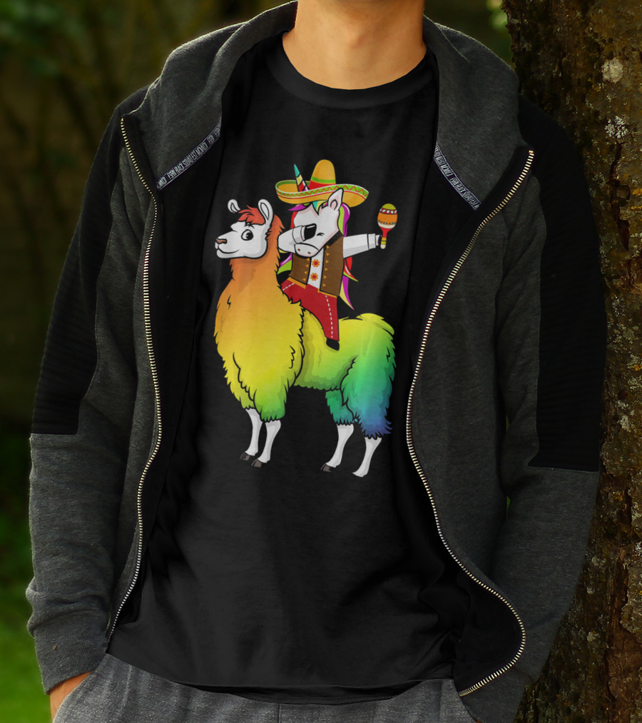 Unicorn Dabbing Riding Llama With Sombrero And Maracas Funny Cinco T-Shirt