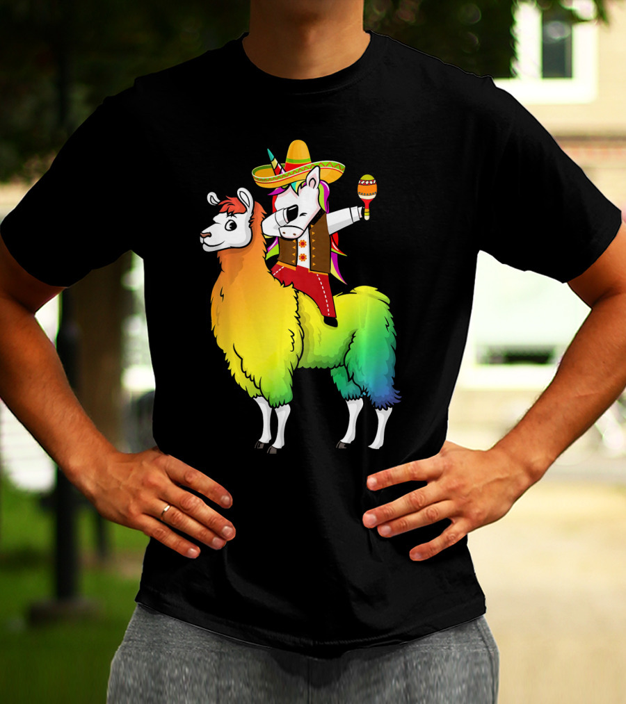Unicorn Dabbing Riding Llama With Sombrero And Maracas Funny Cinco T-Shirt
