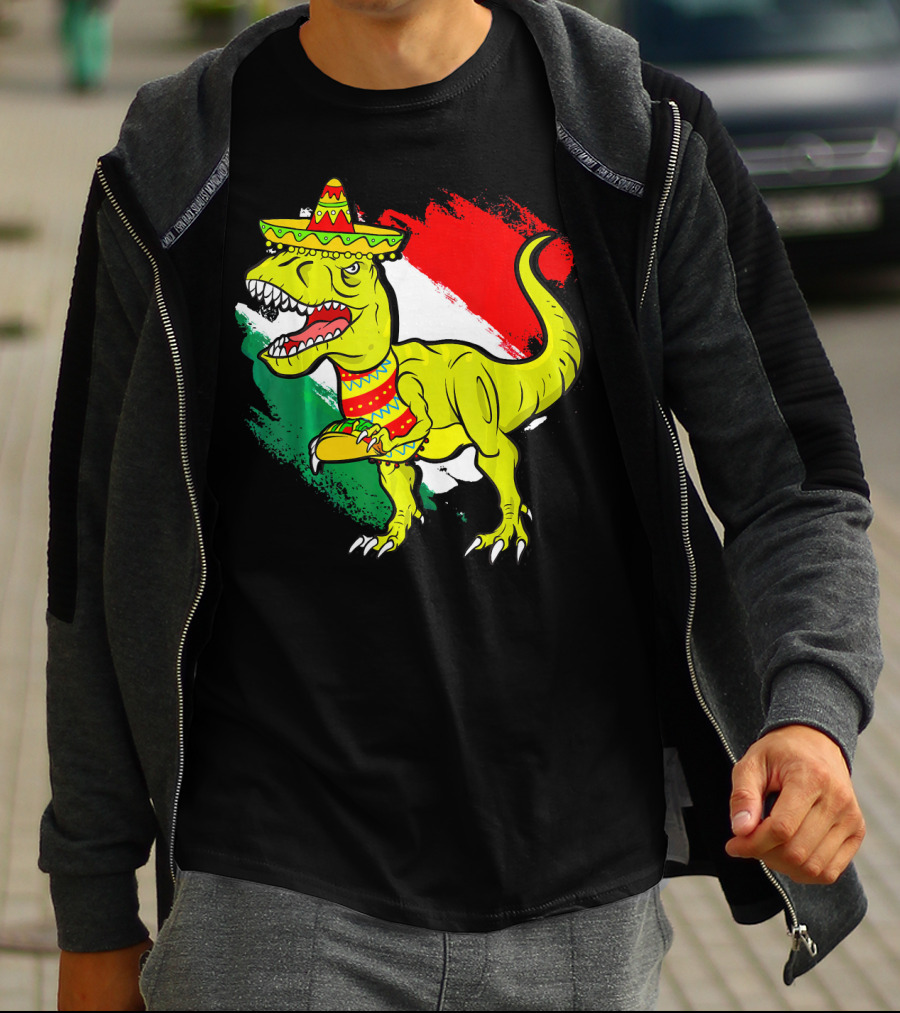 Tacosaurus Rex Sombrero Mexican Flag Cinco De Mayo Mexican Pride T-Shirt