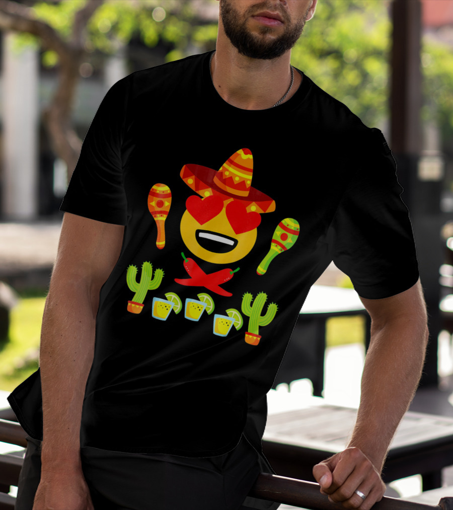 Fiesta Cinco De Mayo Emoji Heart Eyes Sombrero Maracas Cactus Peppers Margaritas T-Shirt