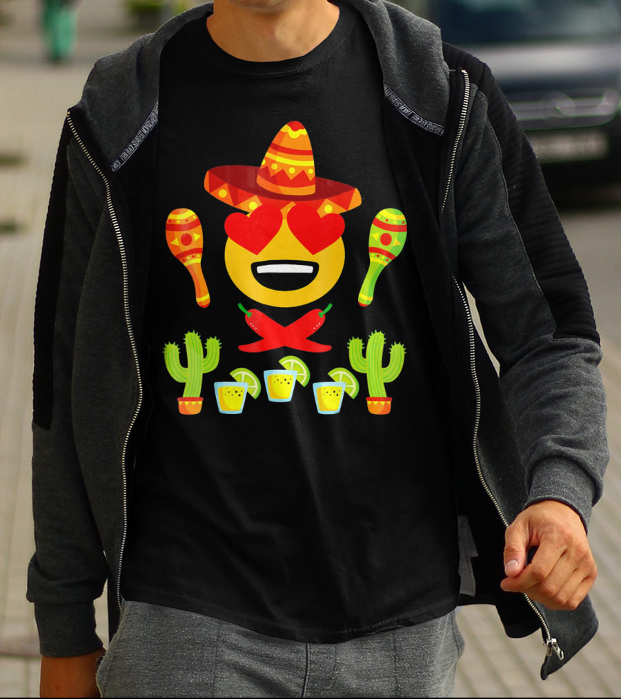 Fiesta Cinco De Mayo Emoji Heart Eyes Sombrero Maracas Cactus Peppers Margaritas T-Shirt
