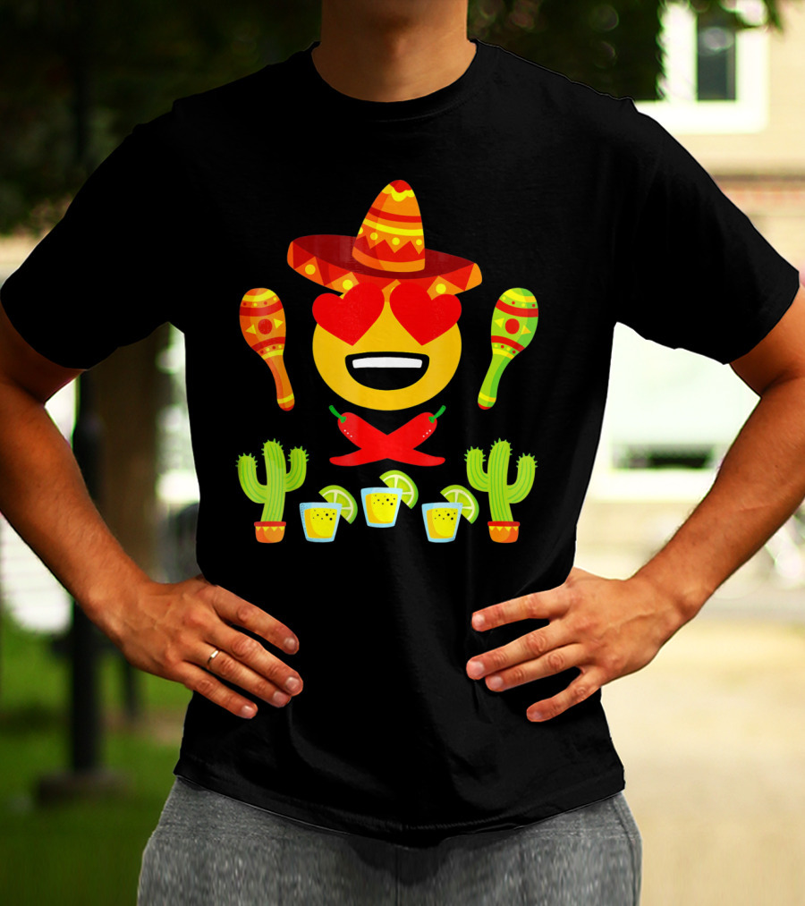Fiesta Cinco De Mayo Emoji Heart Eyes Sombrero Maracas Cactus Peppers Margaritas T-Shirt