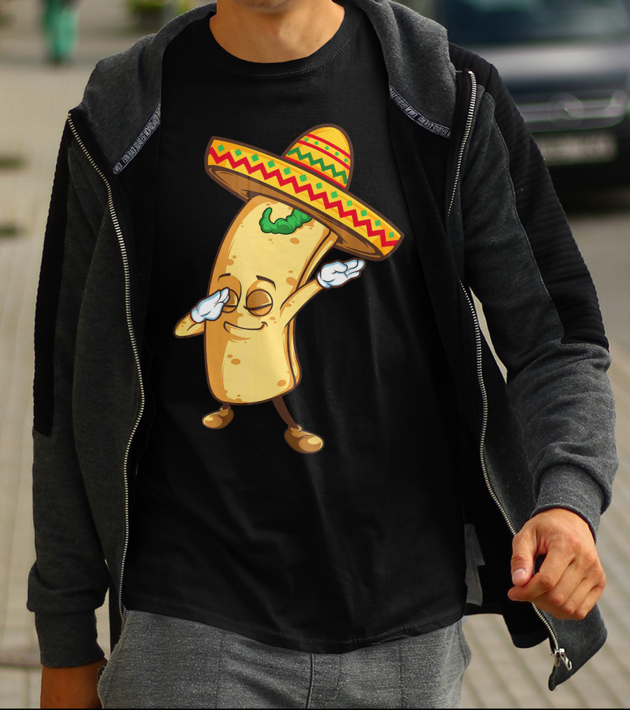 Funny Dabbing Burrito Mexican Cinco De Mayo Sombrero Cartoon T-Shirt