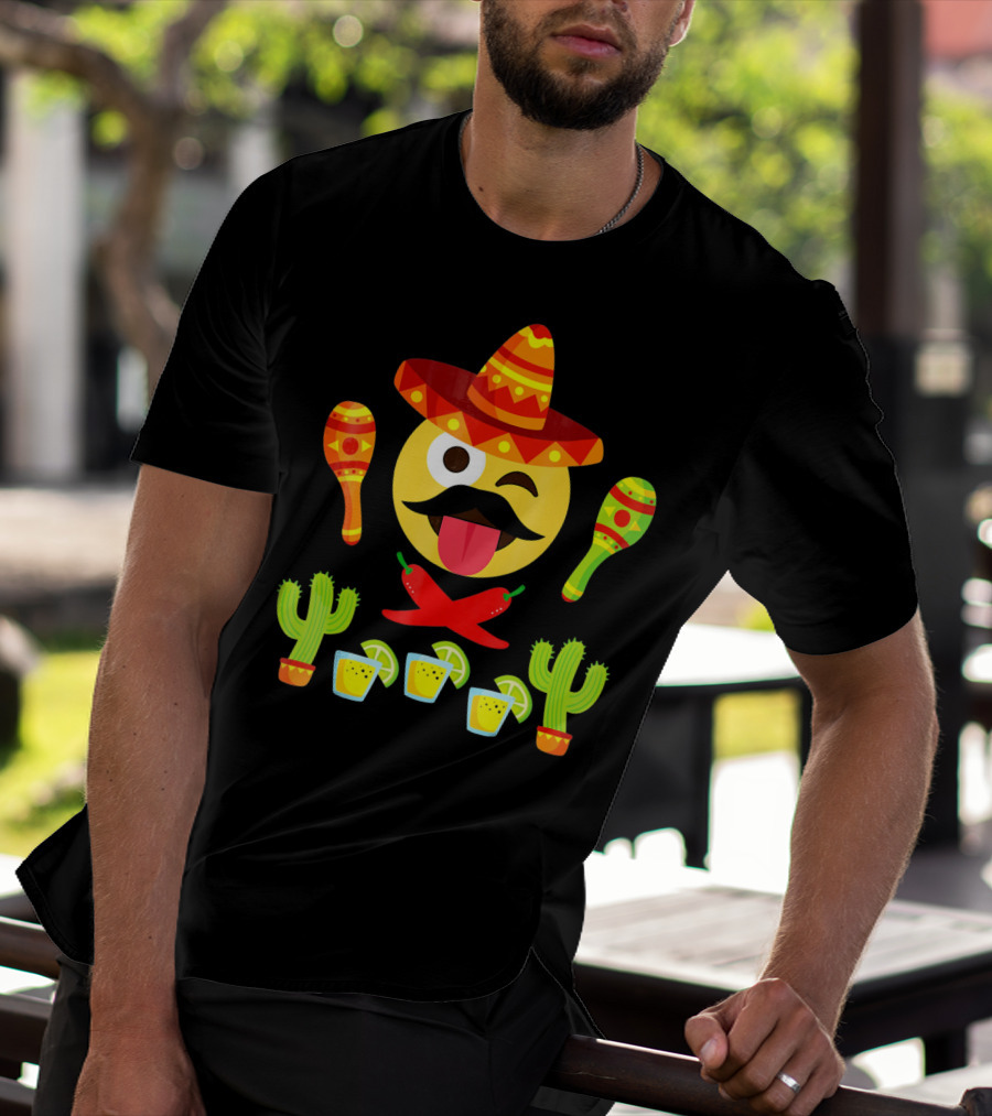 Cinco De Mayo Winking Emoji Sombrero Maracas Cactus Tequila Peppers T-Shirt