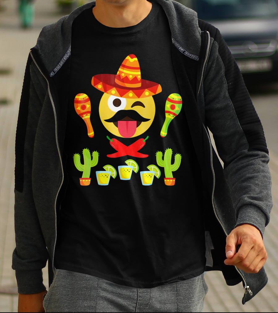 Cinco De Mayo Winking Emoji Sombrero Maracas Cactus Tequila Peppers T-Shirt