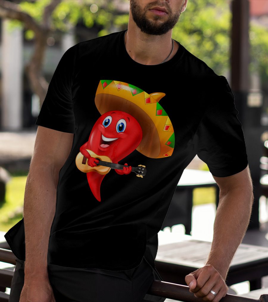 Cute Chili Pepper Wearing Sombrero Playing Guitar Mexico T-Shirt