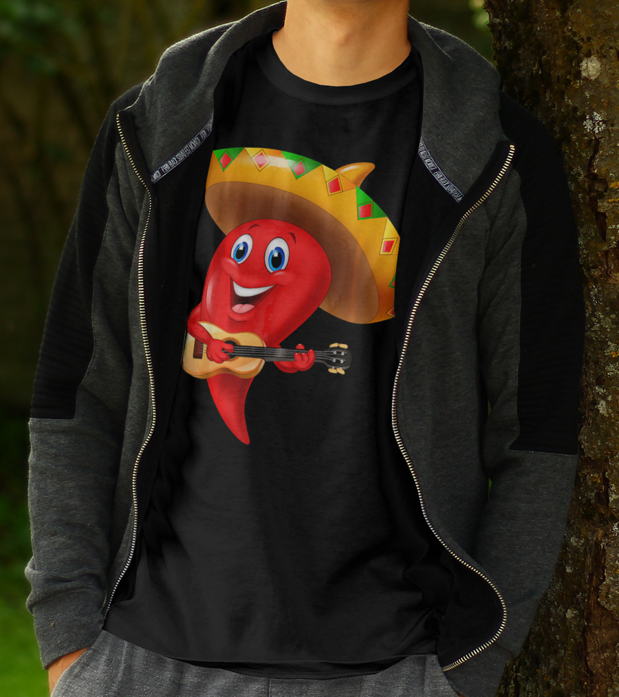 Cute Chili Pepper Wearing Sombrero Playing Guitar Mexico T-Shirt