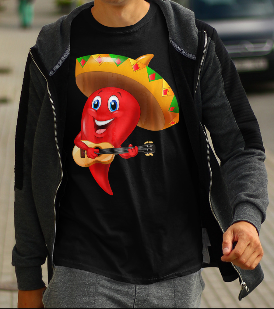 Cute Chili Pepper Wearing Sombrero Playing Guitar Mexico T-Shirt
