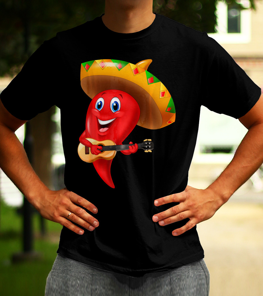 Cute Chili Pepper Wearing Sombrero Playing Guitar Mexico T-Shirt