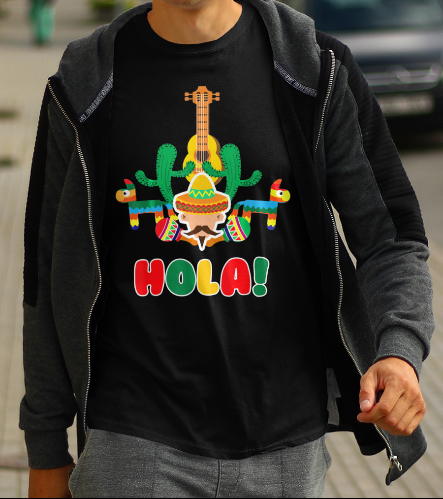 Hola Mexican Sombrero Guitar Cactus Piñata Fiesta T-Shirt