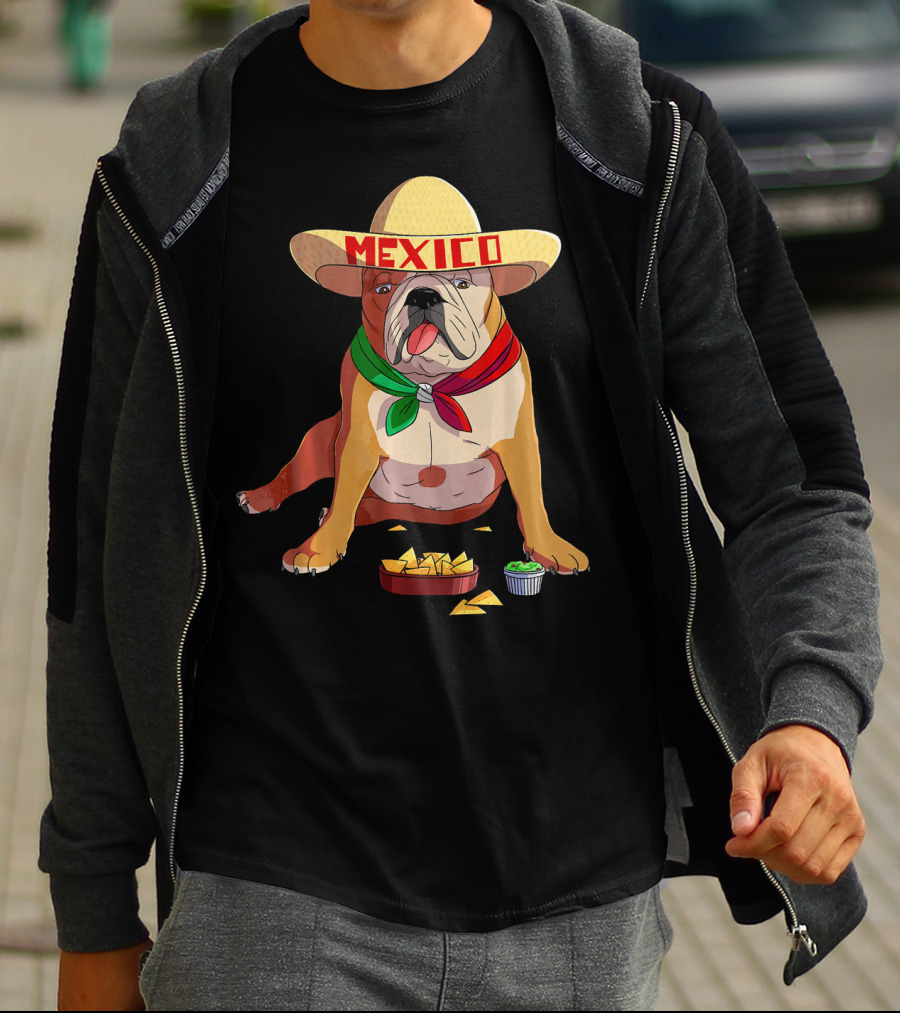 Cinco De Mayo Mexican Bulldog Wearing Sombrero With Chips And Salsa T-Shirt