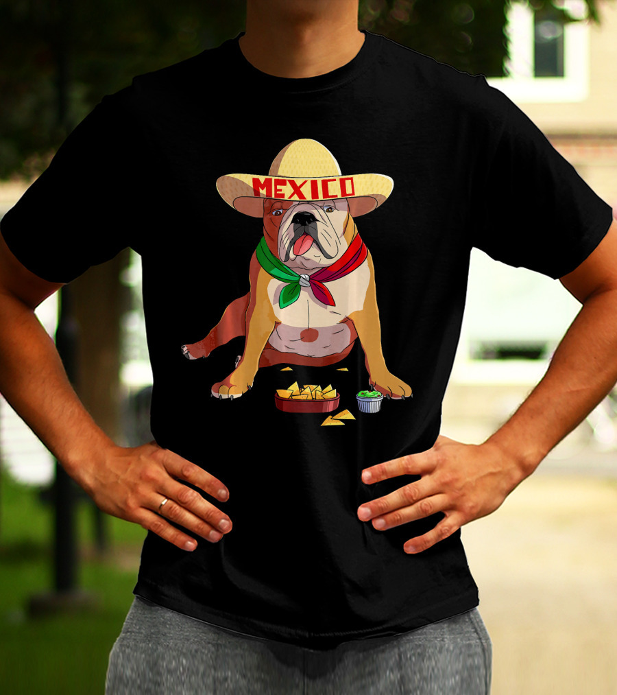Cinco De Mayo Mexican Bulldog Wearing Sombrero With Chips And Salsa T-Shirt