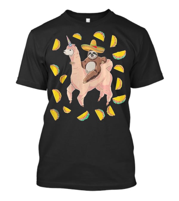 Cinco De Mayo Llamacorn With Sombrero-Wearing Sloth Surrounded By Tacos T-Shirt