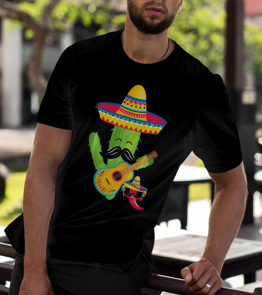 Cute Mustache Cactus With Sombrero Playing Guitar Mexican Fiesta Fun T-Shirt