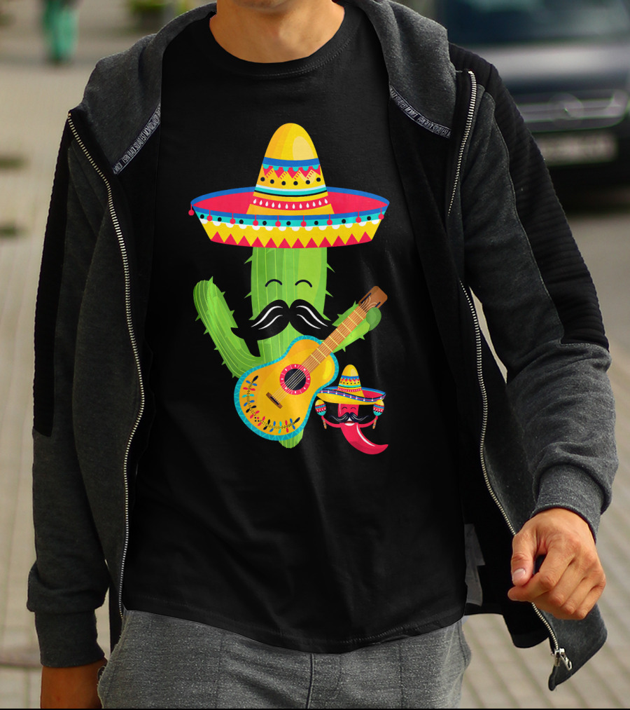 Cute Mustache Cactus With Sombrero Playing Guitar Mexican Fiesta Fun T-Shirt