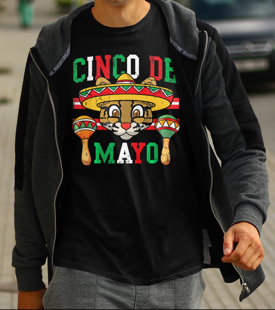 Cinco De Mayo Ocelot Cat Sombrero Maracas Festive T-Shirt