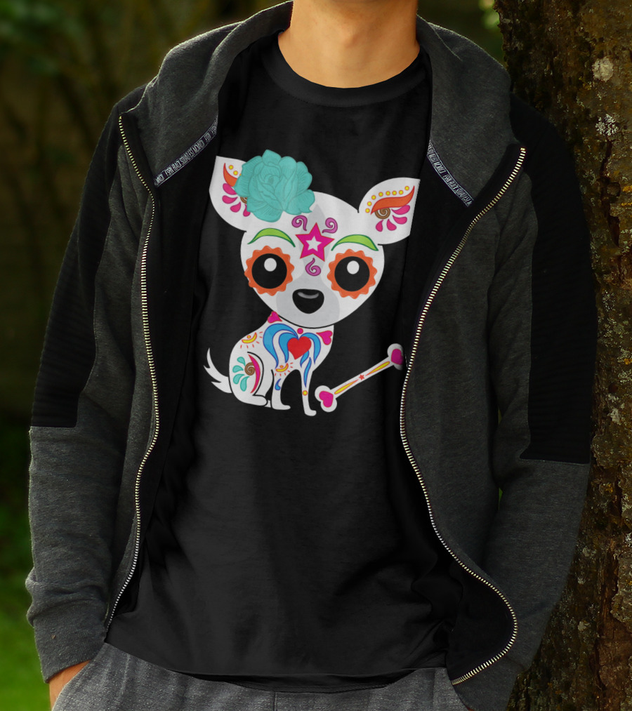 Cinco De Mayo Sugar Skull Chihuahua With Floral Bone And Colorful Flower T-Shirt