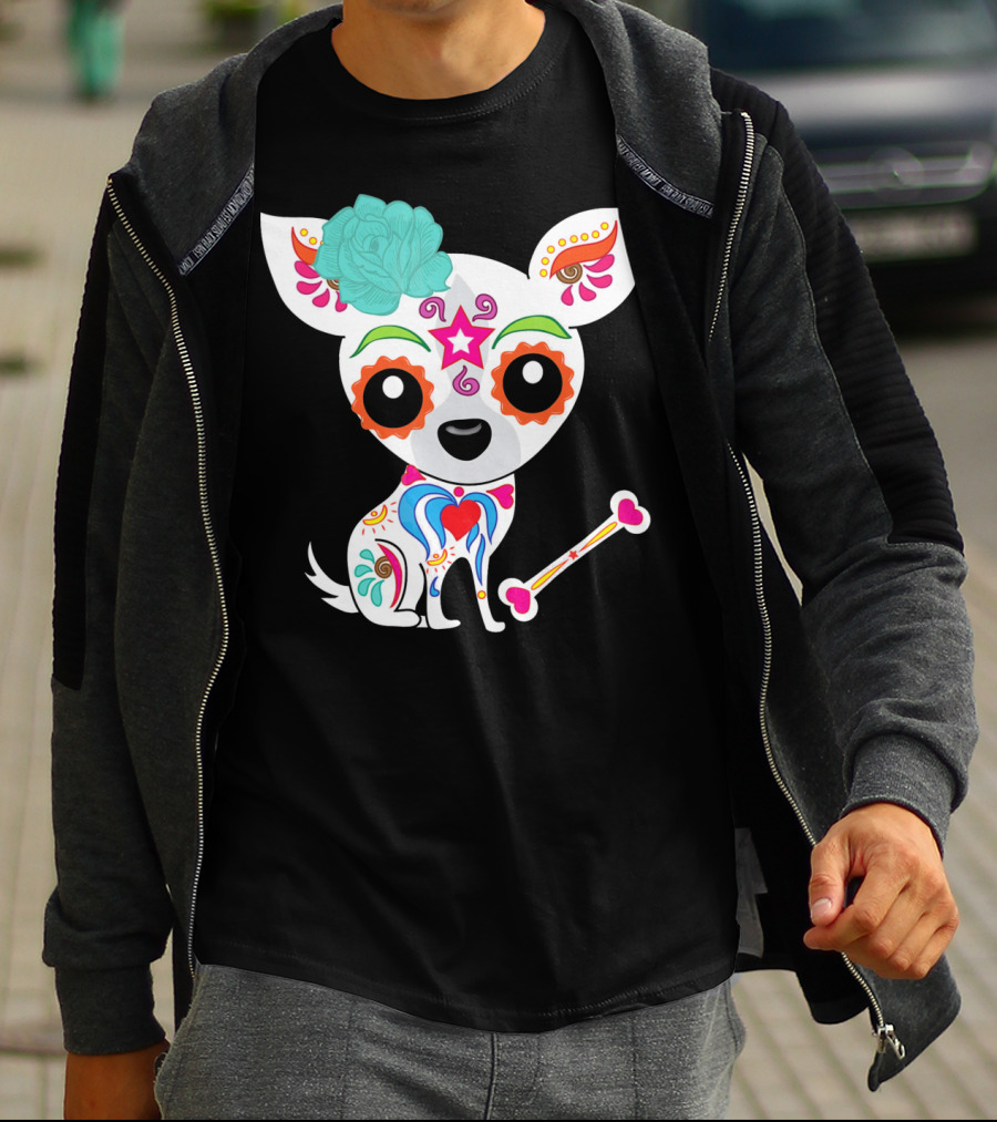 Cinco De Mayo Sugar Skull Chihuahua With Floral Bone And Colorful Flower T-Shirt