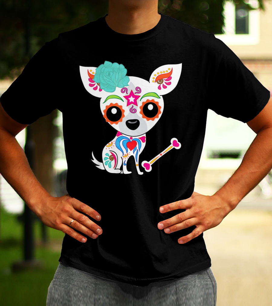 Cinco De Mayo Sugar Skull Chihuahua With Floral Bone And Colorful Flower T-Shirt