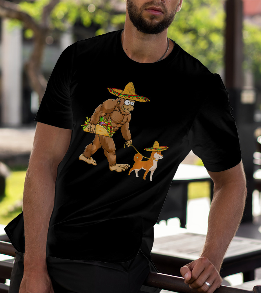 Bigfoot Taco Sombrero Shiba Inu Dog Cinc Walking Cartoon T-Shirt