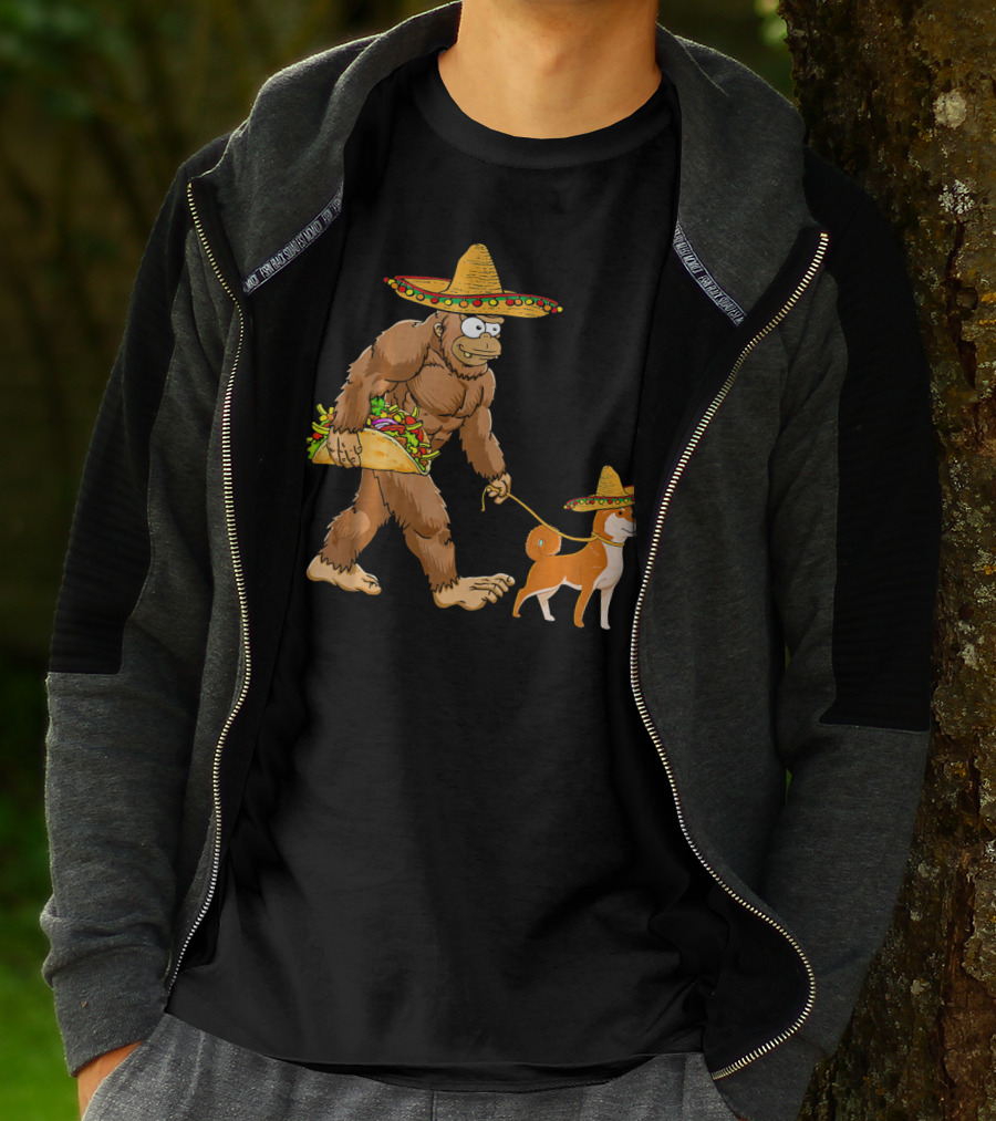 Bigfoot Taco Sombrero Shiba Inu Dog Cinc Walking Cartoon T-Shirt